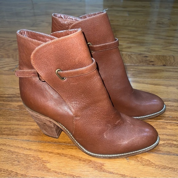 Farylrobin Shoes - FARYL Brown Leather Stacked Heeled Booties with Buckle Size 10
